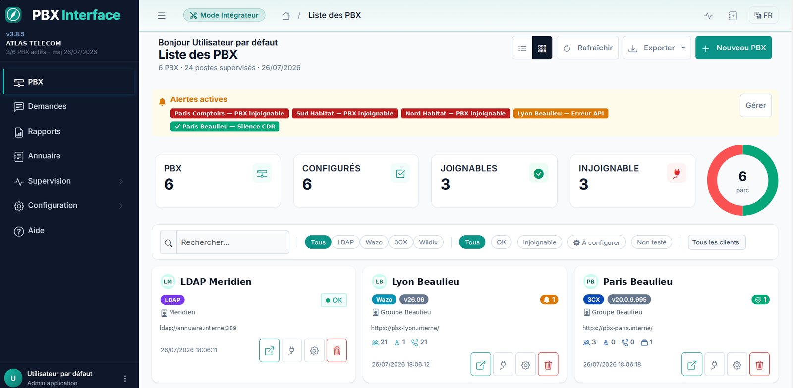 Console PBXInterface : liste des systèmes téléphoniques d'un parc — six standards, dont un raccordé par son annuaire LDAP, compteurs joignables et injoignables, bandeau des alertes actives et client rattaché à chaque installation