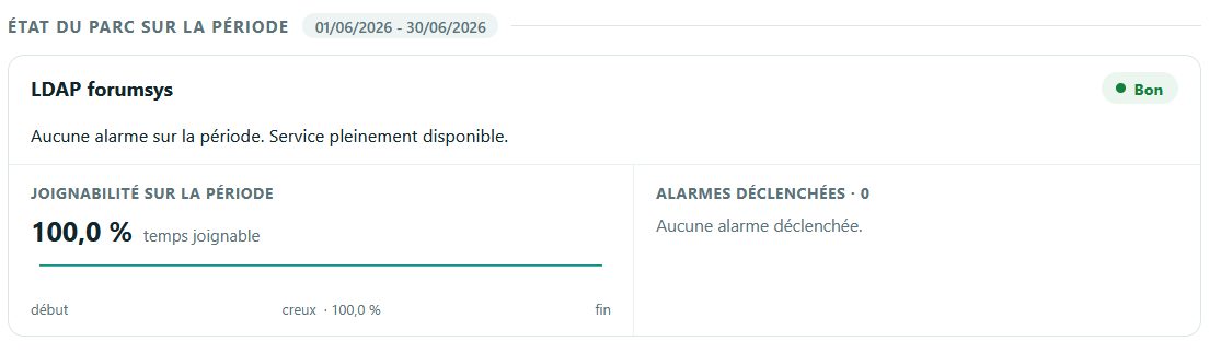 Section « état du parc sur la période » d'un bilan de santé : le système concerné, son état noté Bon, la mention aucune alarme sur la période et service pleinement disponible, la joignabilité de 100 % sur la période et le nombre d'alarmes déclenchées à zéro