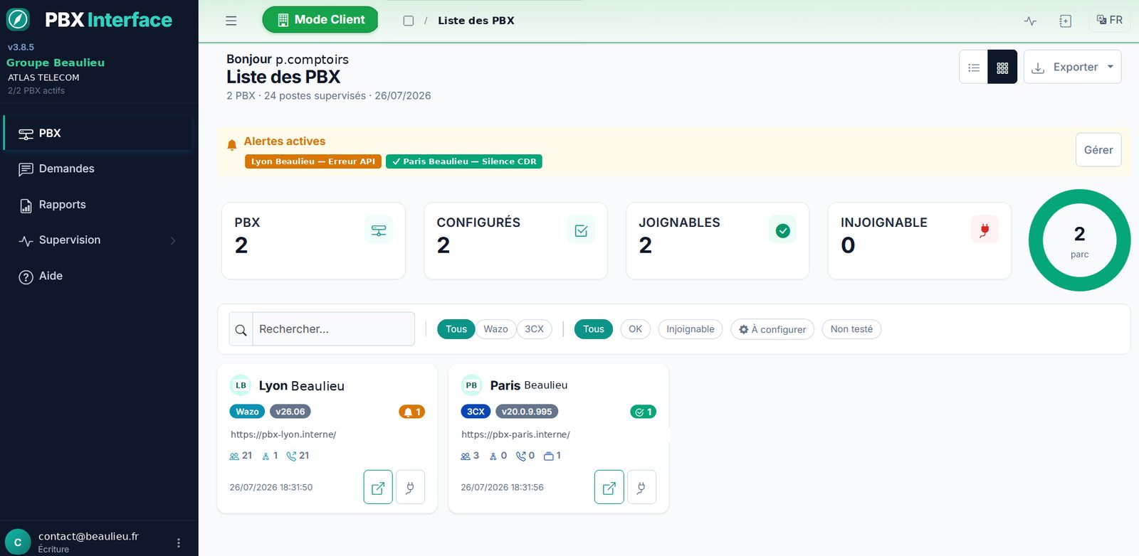 Le même écran en mode client : bandeau vert indiquant un périmètre limité, deux PBX au lieu de six, les alertes du seul client, et un menu réduit sans accès à la configuration