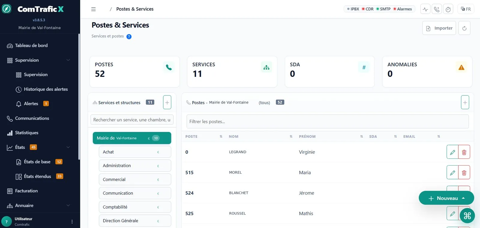 Écran Postes et Services de Comtrafic X Entreprise : 52 postes, 11 services, zéro anomalie ; à gauche l'arborescence des services et structures, à droite les postes rattachés avec numéro, nom et prénom.