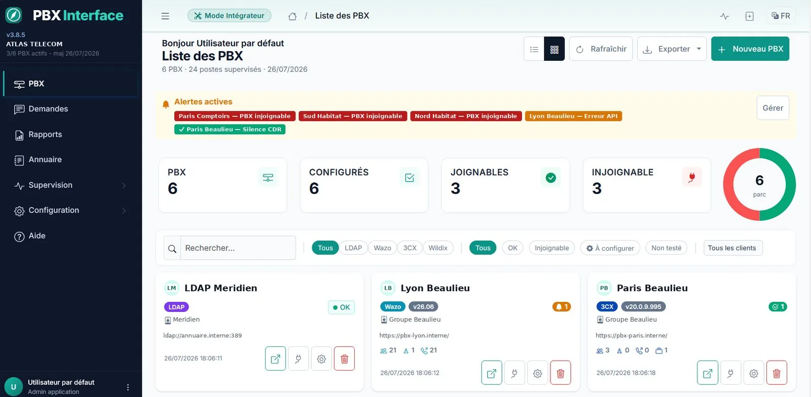 Console PBXInterface : six standards sur un seul écran, 24 postes supervisés, trois joignables et trois injoignables, les alertes actives nommées par client, et le protocole de raccordement de chaque installation.