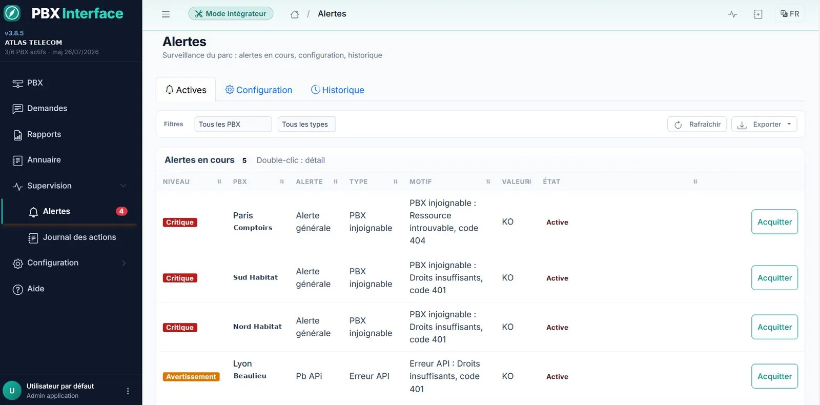 Écran Alertes de PBXInterface : les alertes en cours avec leur niveau critique ou avertissement, le système concerné, le type, le motif technique en clair.