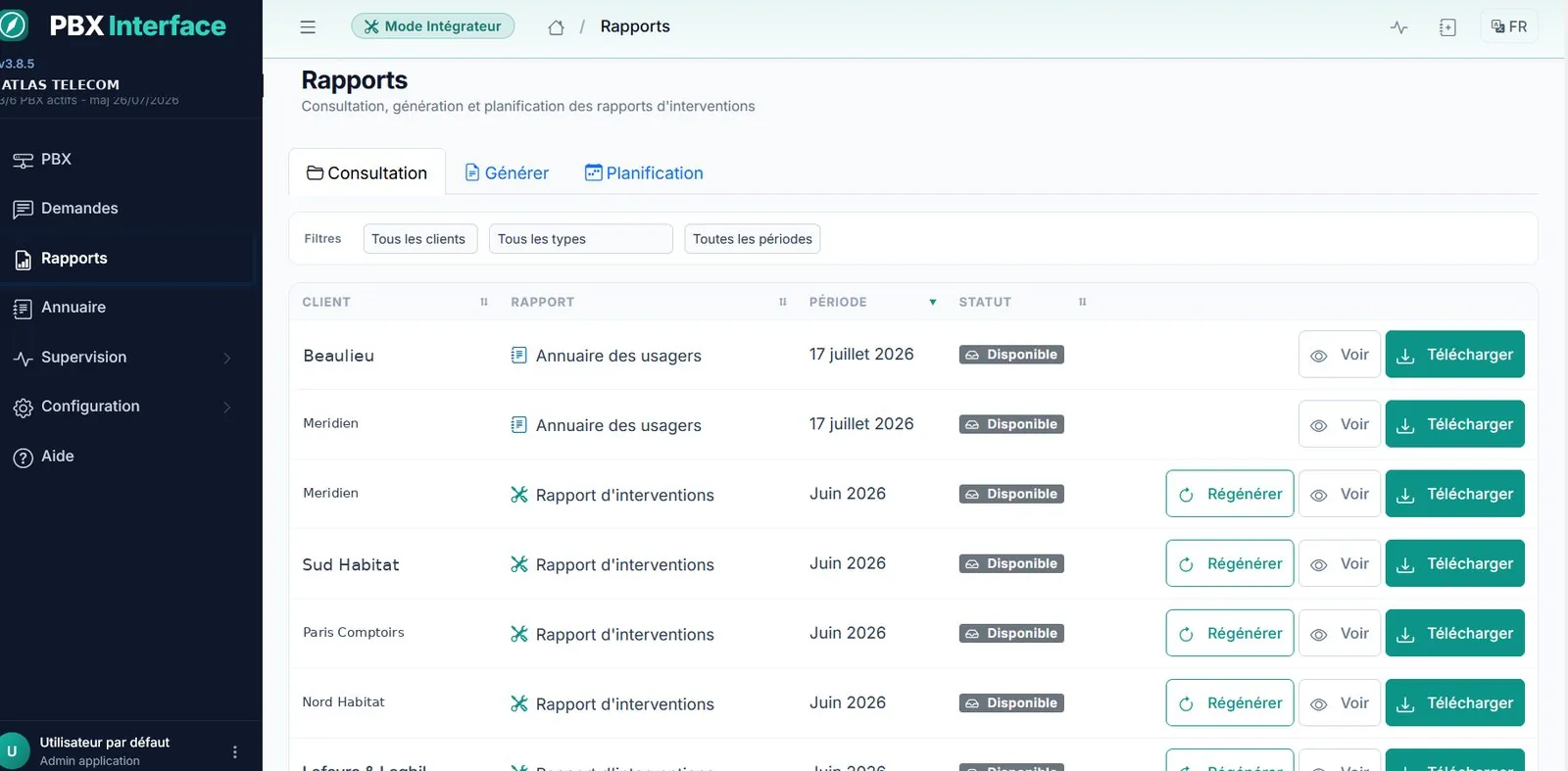 Écran Rapports de PBXInterface : un rapport par client et par période — annuaire des usagers, rapport d'interventions — avec leur statut.