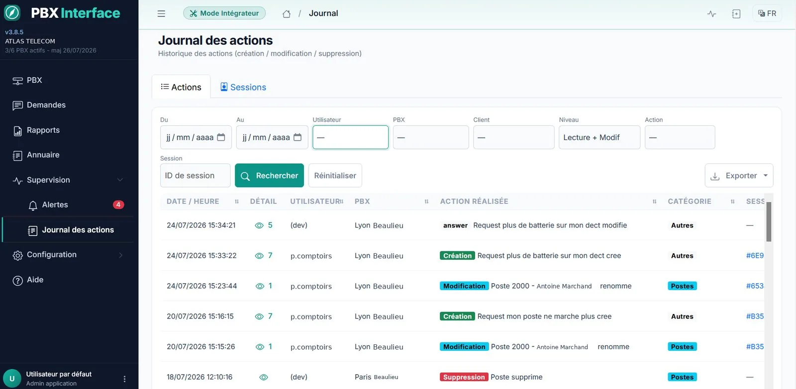 Journal des actions de PBXInterface : date et heure à la seconde, utilisateur, système concerné, action réalisée — création, modification, suppression.