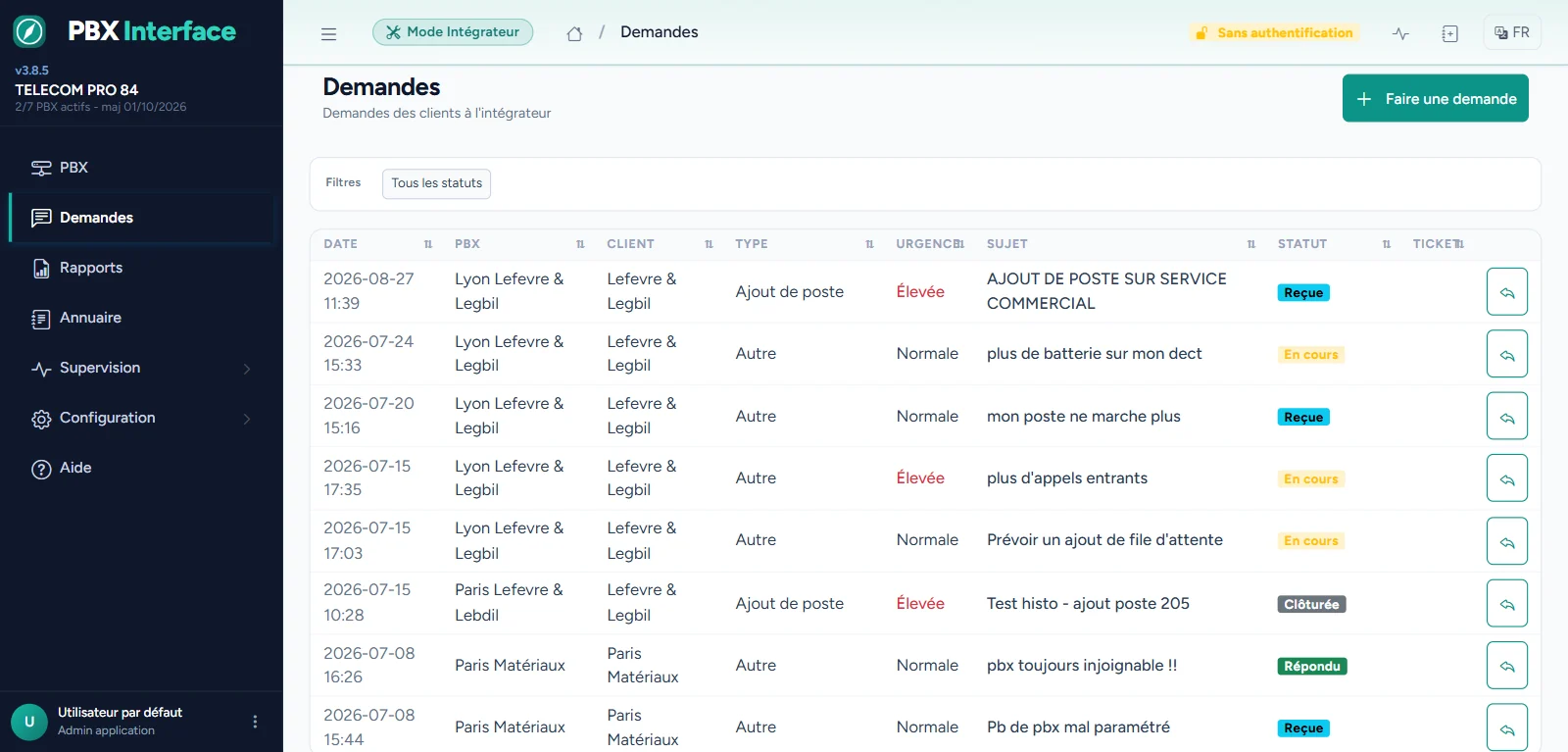Écran Demandes côté client : type, urgence, standard concerné, destinataire support ou commercial