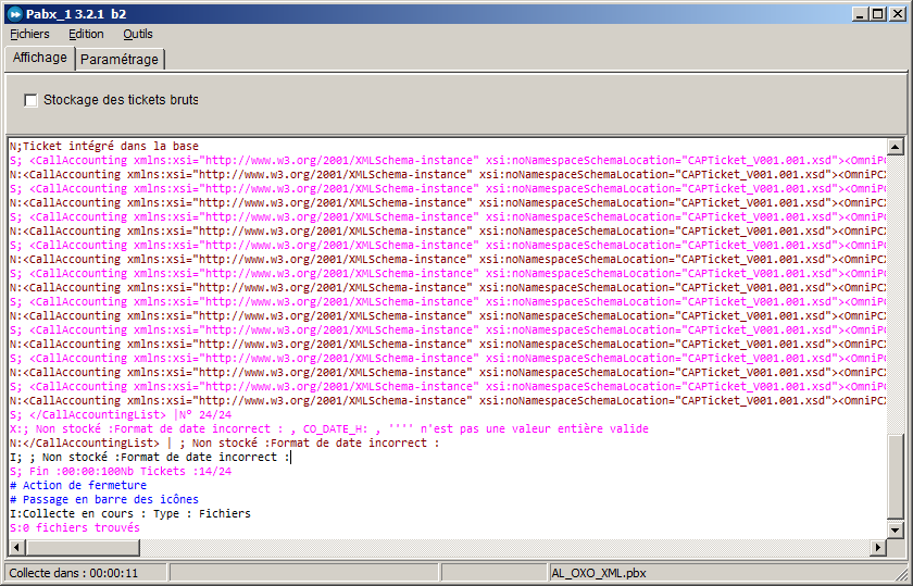 Fenêtre de collecte AxLien : tickets XML CallAccounting reçus d'un Alcatel-Lucent OXO