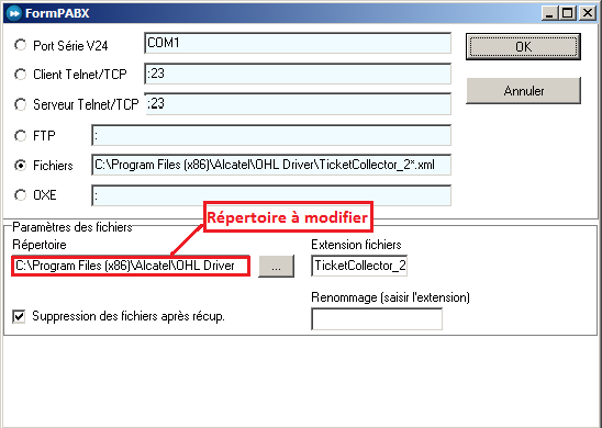 Paramétrage de la connexion PBX en mode Fichiers : répertoire du pilote OmniPCX Office et extension TicketCollector