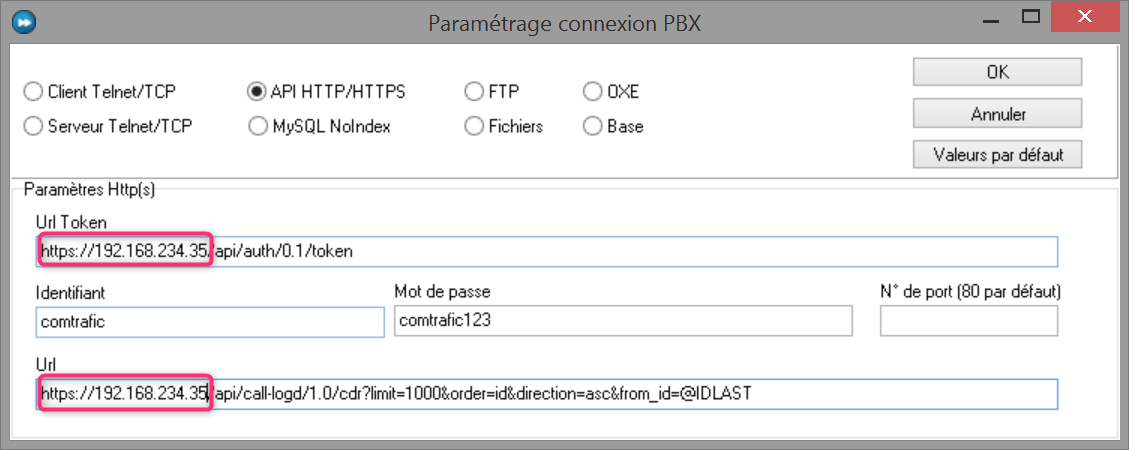 Paramétrage de la connexion PBX en API HTTP/HTTPS : URL du jeton et URL de lecture des tickets du Wazo