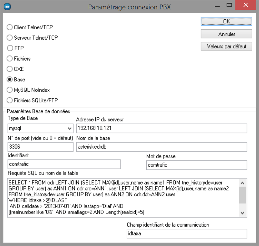 Paramétrage de la connexion PBX en mode Base : serveur MySQL du TelNowEdge et requête SQL de lecture des tickets