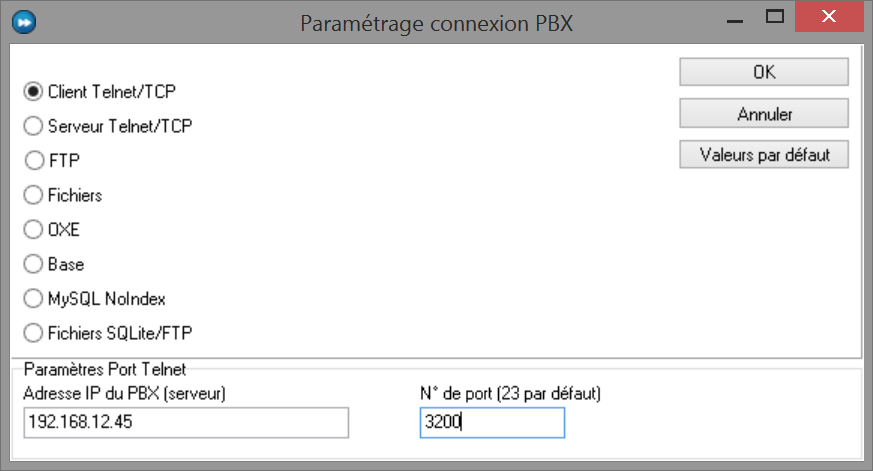 Paramétrage de la connexion PBX en client Telnet/TCP : adresse IP du Mitel 5000 et port 3200