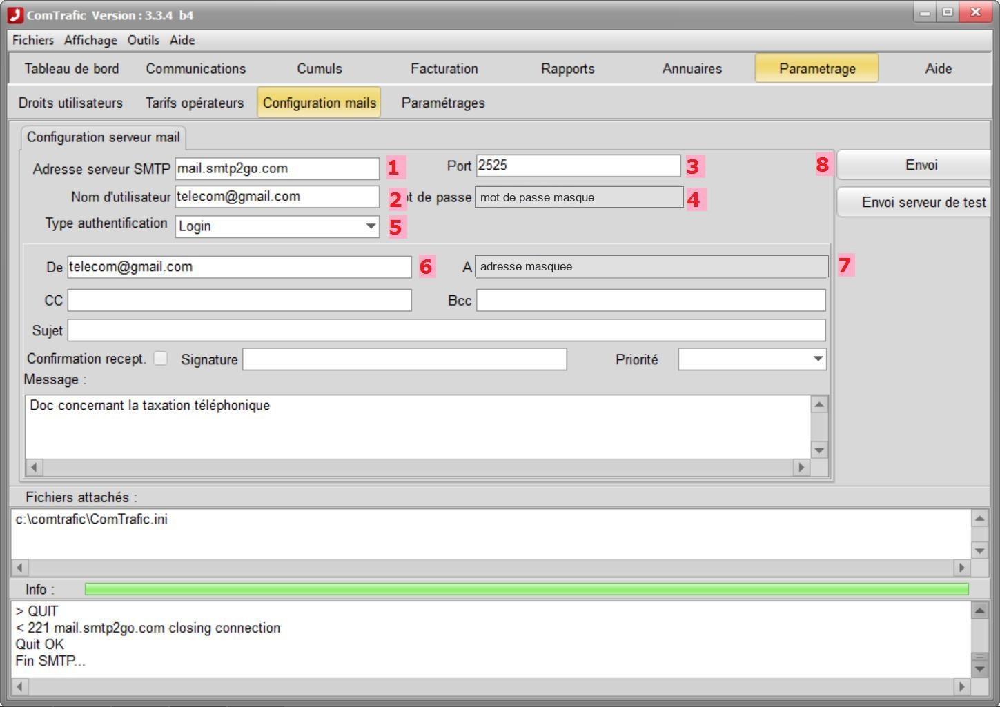 ComTrafic, onglet « Configuration mails » : serveur SMTP, port, type d'authentification et envoi d'un message de test