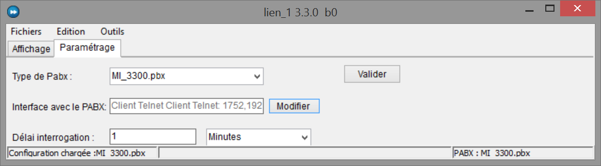 AxLien : type de PBX MI_3300.pbx et interface client Telnet vers le Mitel 3300