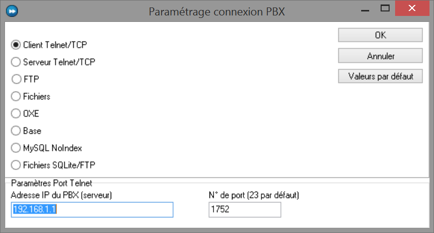 Paramétrage de la connexion PBX en client Telnet/TCP : adresse IP du Mitel 3300 et port 1752